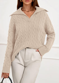 PRETTYGARDEN Fall Cable Knit Oversized Sweaters for Women Polo V Neck Long Sleeve Casual Chunky Sweater Pullover Tops PRETTYGARDEN