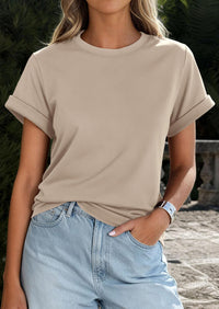 PRETTYGARDEN Womens Summer Tops Spring Casual Rolled Short Sleeve Basic Tees Crew Neck Work Shirts Fashion Clothing PRETTYGARDEN