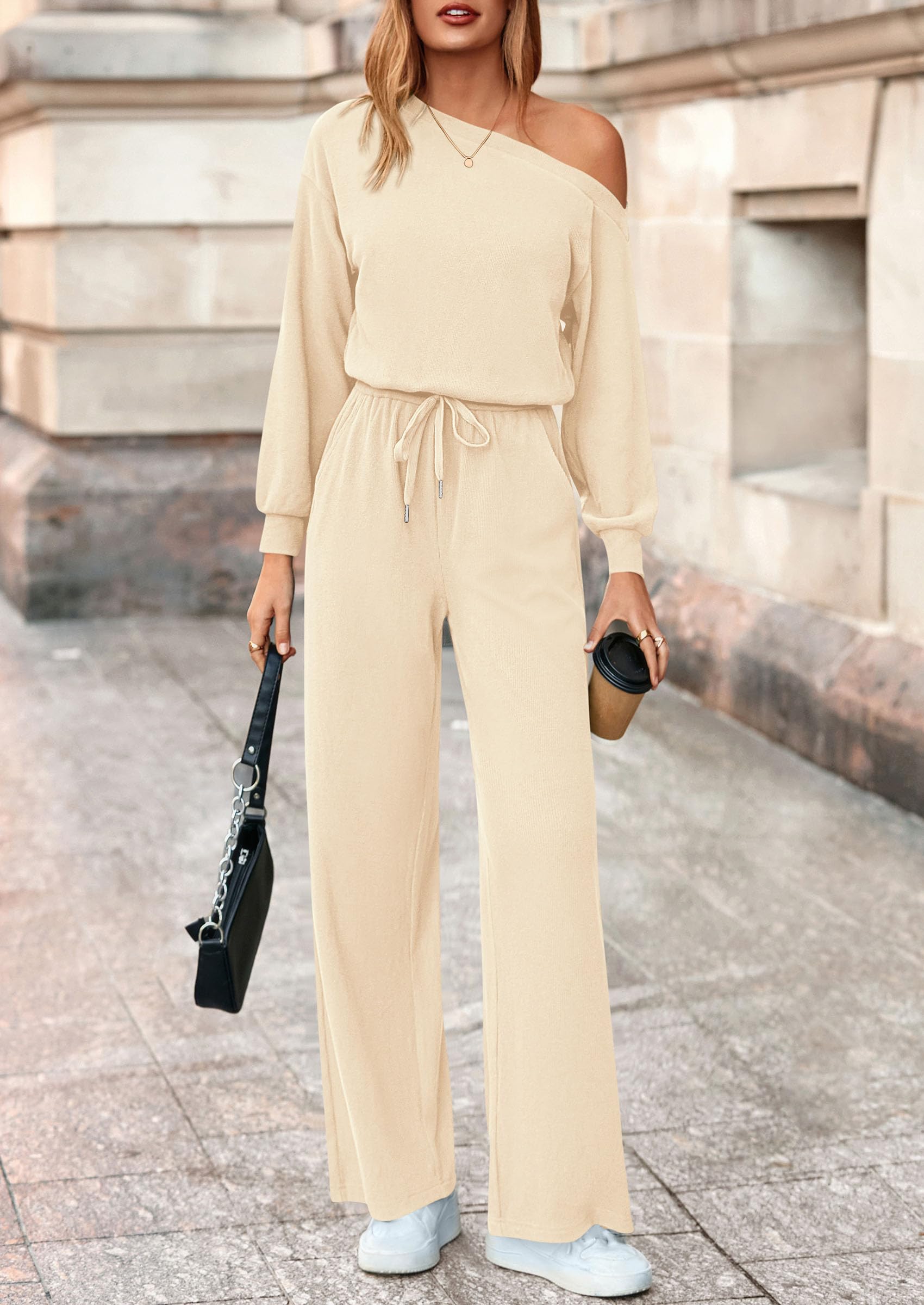 PRETTYGARDEN Long Sleeve Jumpsuit For Women Dressy Off Shoulder One Piece Loose Wide Leg Jumpsuits Casual Flowy Romper