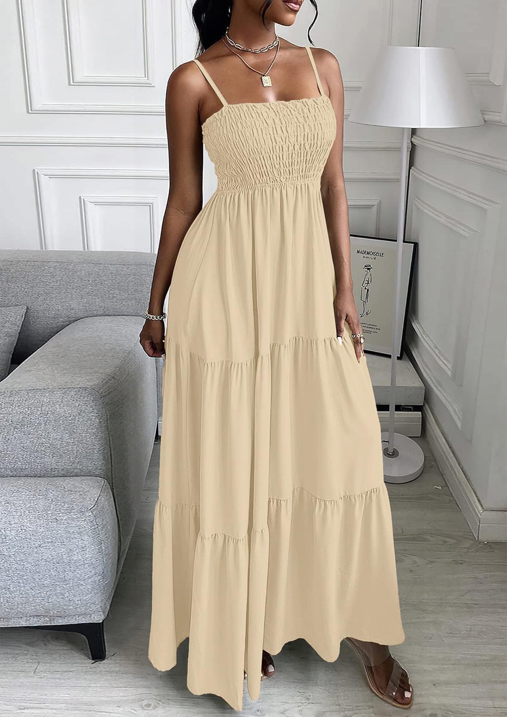 PRETTYGARDEN Women's Summer Maxi Dress Casual Boho Sleeveless Spaghetti Strap Smocked Tiered Long Beach Sundresses PRETTYGARDEN