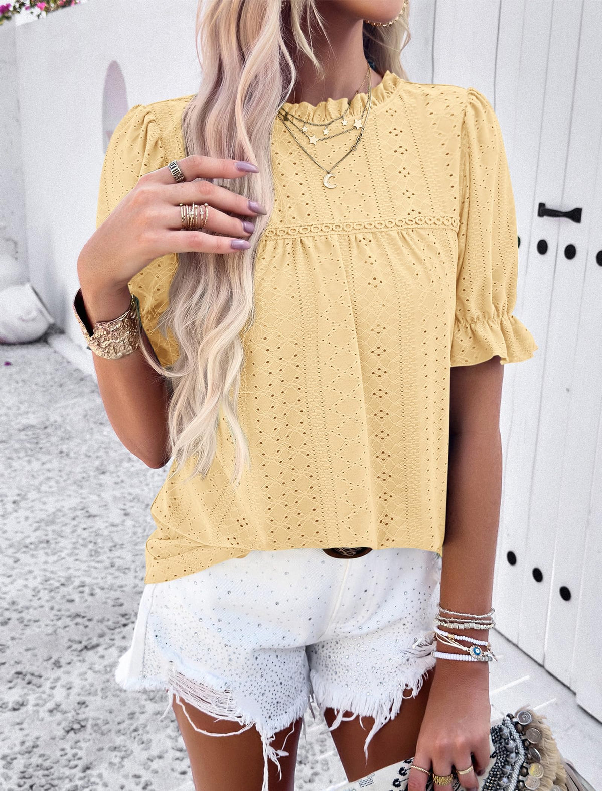 Casual Crew Neck Ruffle Short Sleeve Eyelet Babydoll Blouse