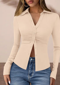 PRETTYGARDEN Womens Button Down Shirts V Neck Collared Ruched Slim Fit Long Sleeve Shirt Casual Fall Fashion Ladies Tops PRETTYGARDEN