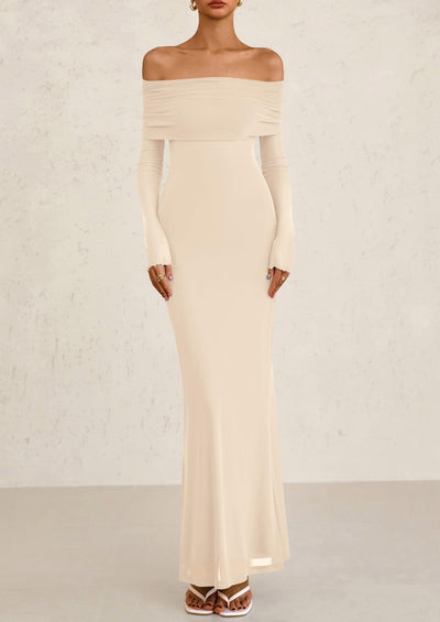 PRETTYGARDEN Off The Shoulder Dresses for Women Mesh Long Sleeve Baby Shower Formal Wedding Guest Dress