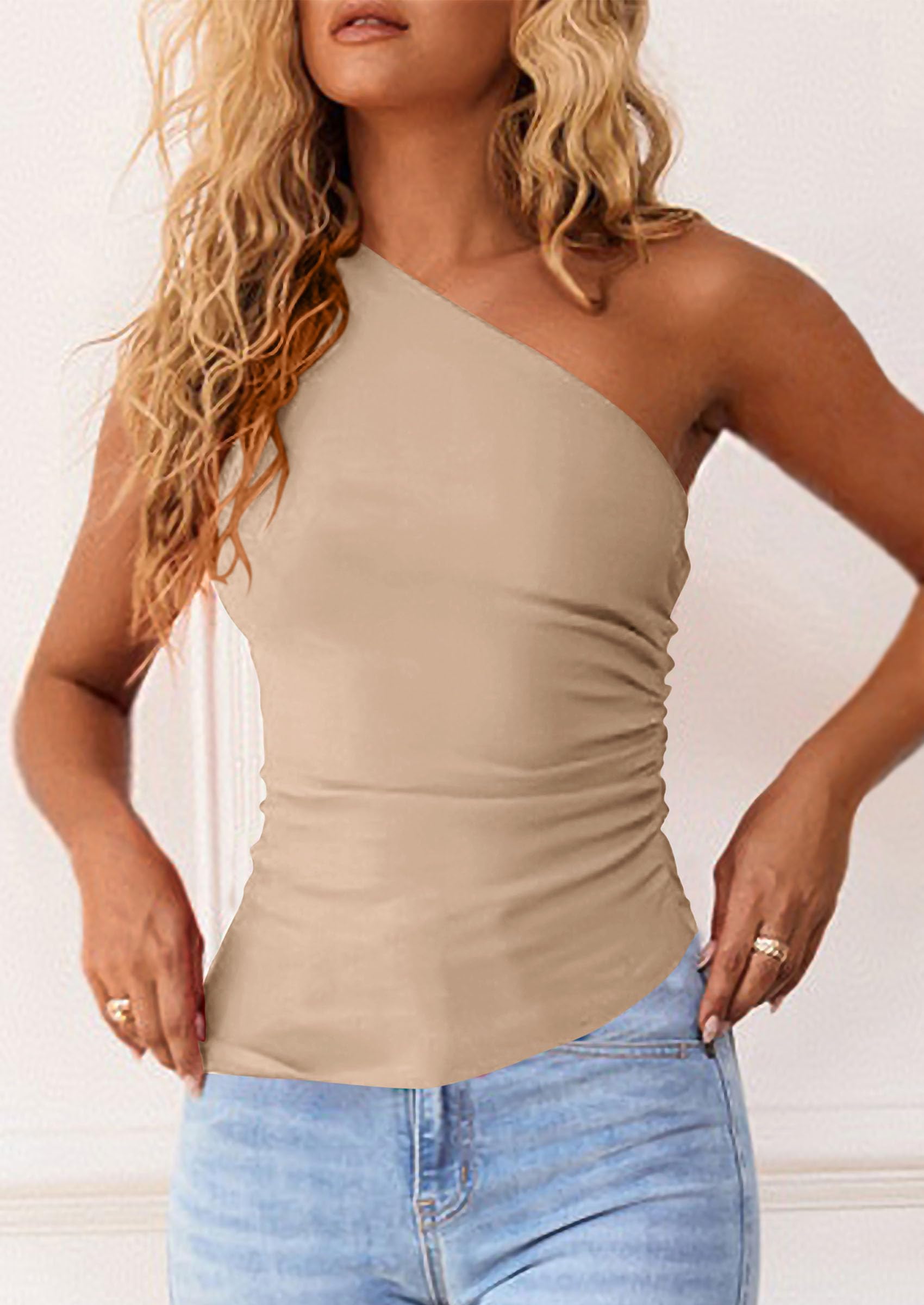 PRETTYGARDEN Womens Summer Y2K Tops Sleeveless One Shoulder Slim Fit Shirts Ruched Knit Asymmetrical Top Blouse