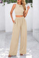 Womens Summer 2 Piece Sets Ribbed Knit Crew Neck Sleeveless Crop Tank Tops Wide Leg Pants Casual Lounge Set