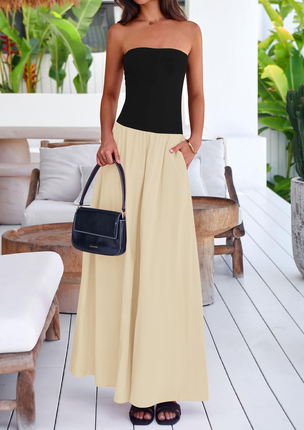 Women's 2025 Summer Strapless Maxi Dresses Patchwork Long Flowy Elegant Going Out Tube Top Dress with Pockets