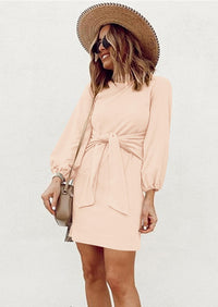 PRETTYGARDEN Womens Fall Elegant Long Lantern Sleeve Short Dress Wedding Guest Crewneck Tie Waist Knit Cocktail Dresses PRETTYGARDEN