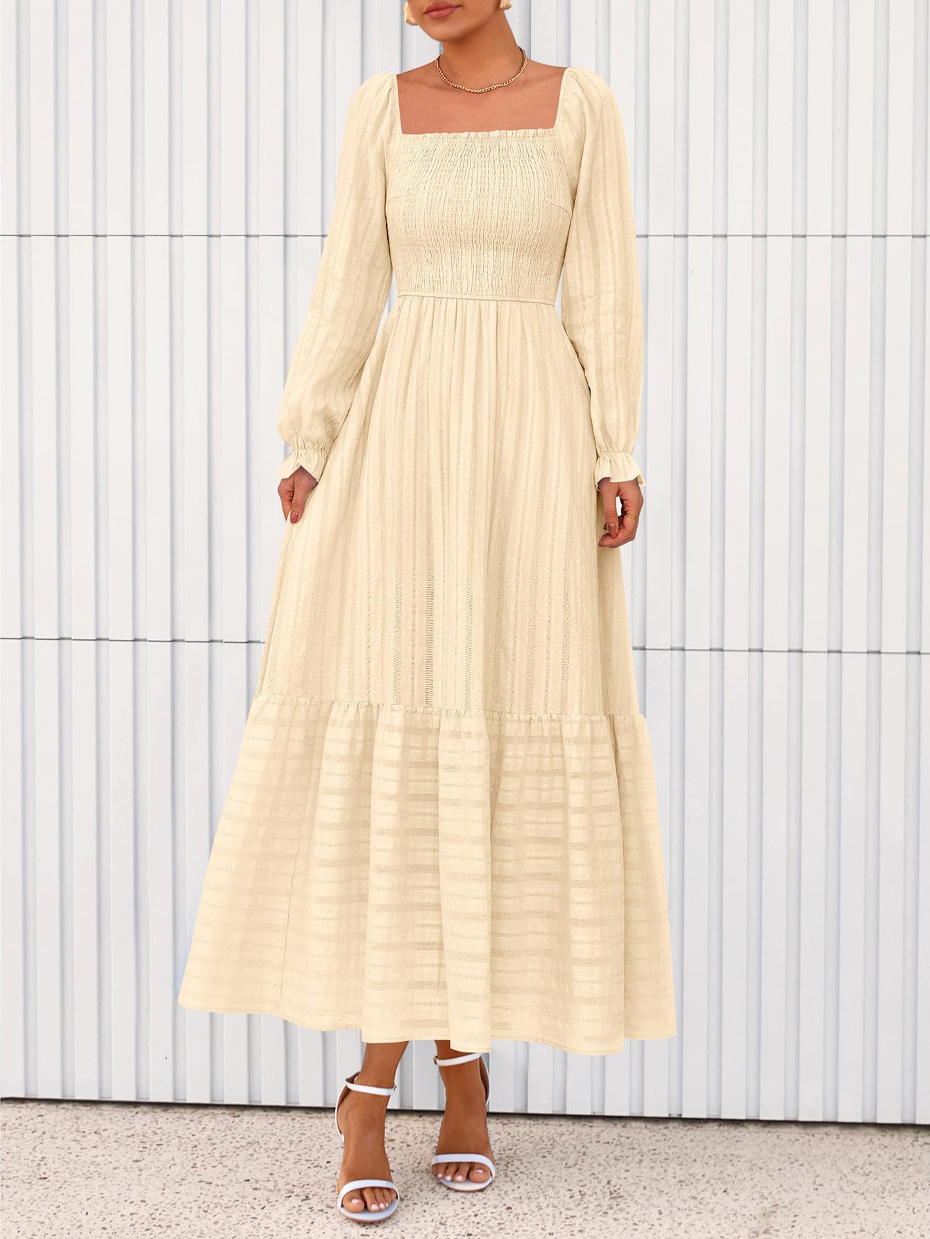 BTFBM Women Maxi Fall Dresses Long Sleeve Solid Color Square Neck Smocked Boho Long Wedding Guest Dress