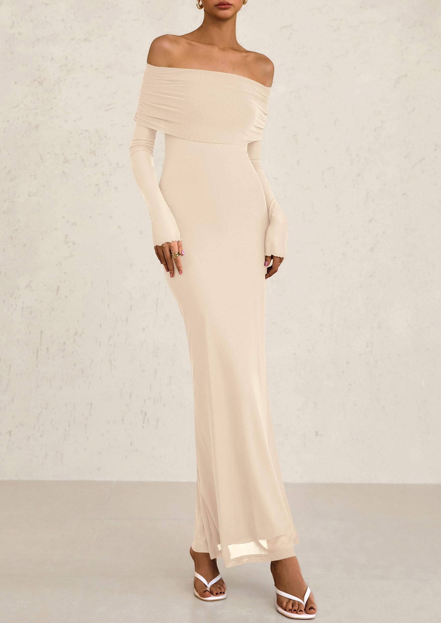 PRETTYGARDEN Off The Shoulder Dresses for Women Mesh Long Sleeve Baby Shower Formal Wedding Guest Dress