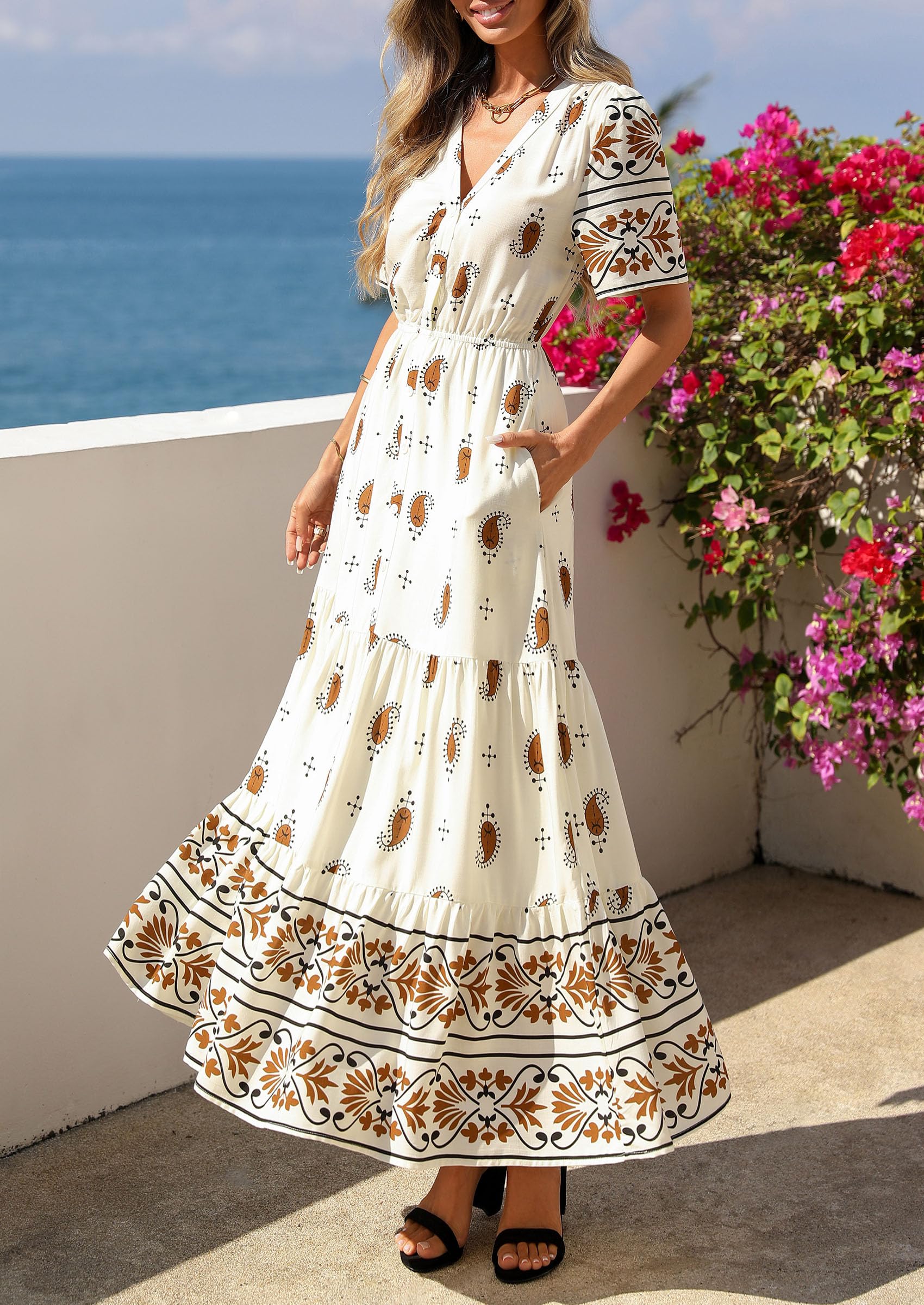 PRETTYGARDEN Womens Summer Boho Maxi Dress Trendy Short Sleeve V Neck Flowy Beach Floral Dresses with Pockets PRETTYGARDEN