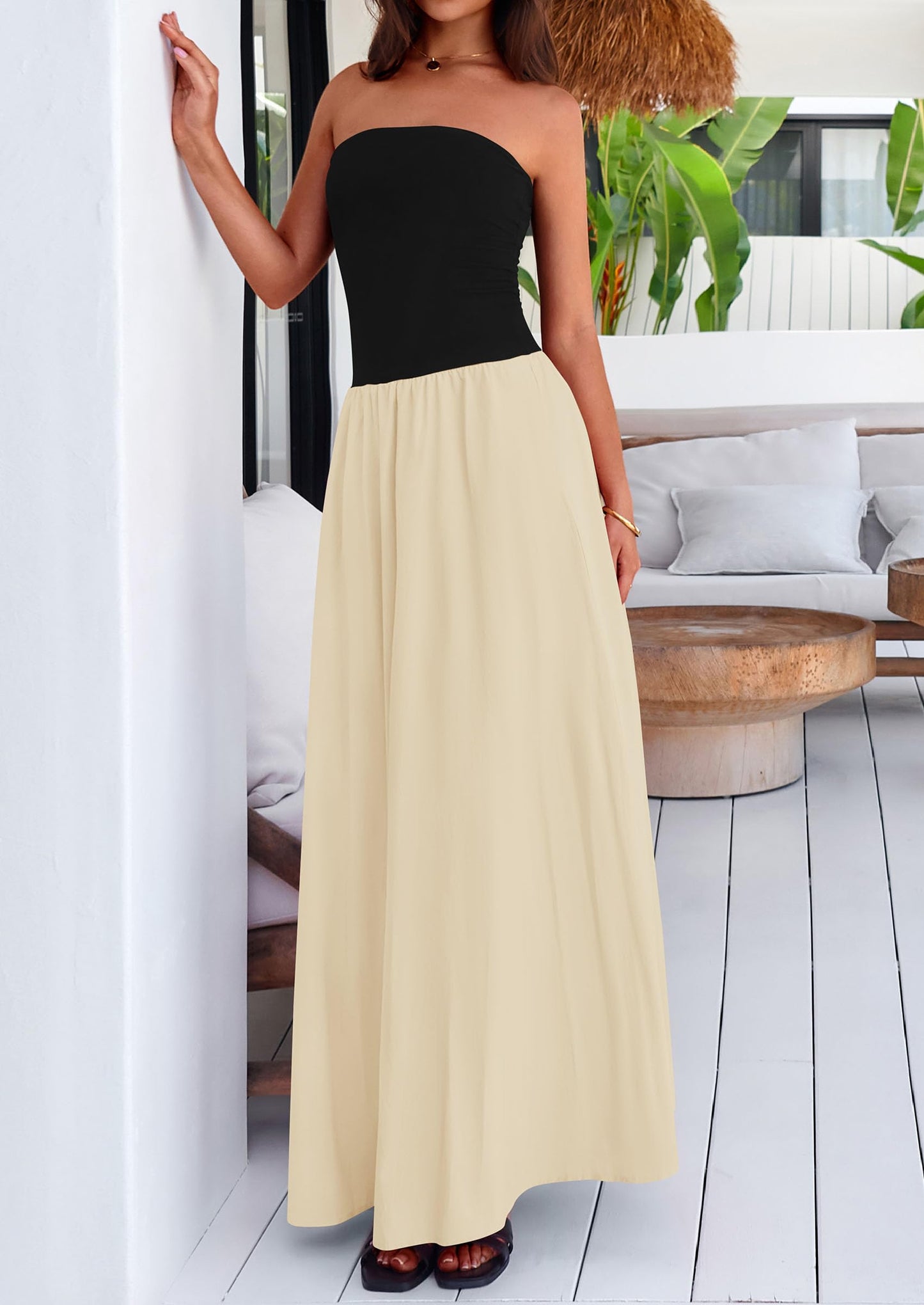 Women's 2025 Summer Strapless Maxi Dresses Patchwork Long Flowy Elegant Going Out Tube Top Dress with Pockets