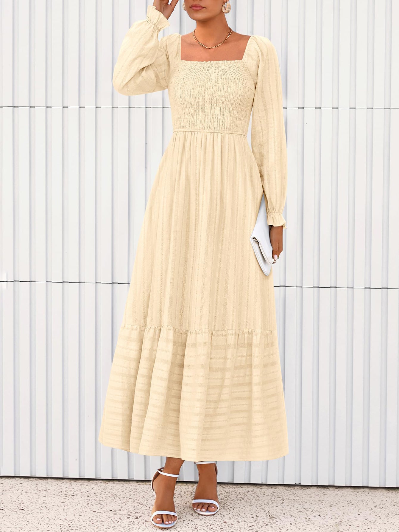 BTFBM Women Maxi Fall Dresses Long Sleeve Solid Color Square Neck Smocked Boho Long Wedding Guest Dress