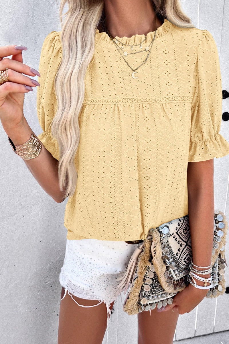 Casual Crew Neck Ruffle Short Sleeve Eyelet Babydoll Blouse