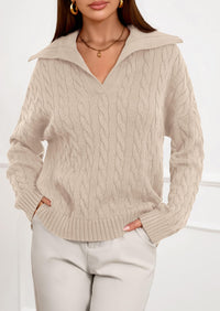 PRETTYGARDEN Fall Cable Knit Oversized Sweaters for Women Polo V Neck Long Sleeve Casual Chunky Sweater Pullover Tops PRETTYGARDEN