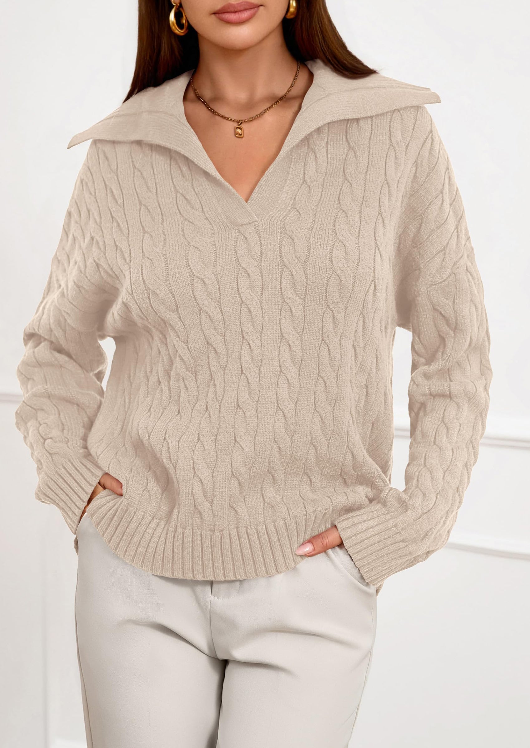 PRETTYGARDEN Fall Cable Knit Oversized Sweaters for Women Polo V Neck Long Sleeve Casual Chunky Sweater Pullover Tops PRETTYGARDEN