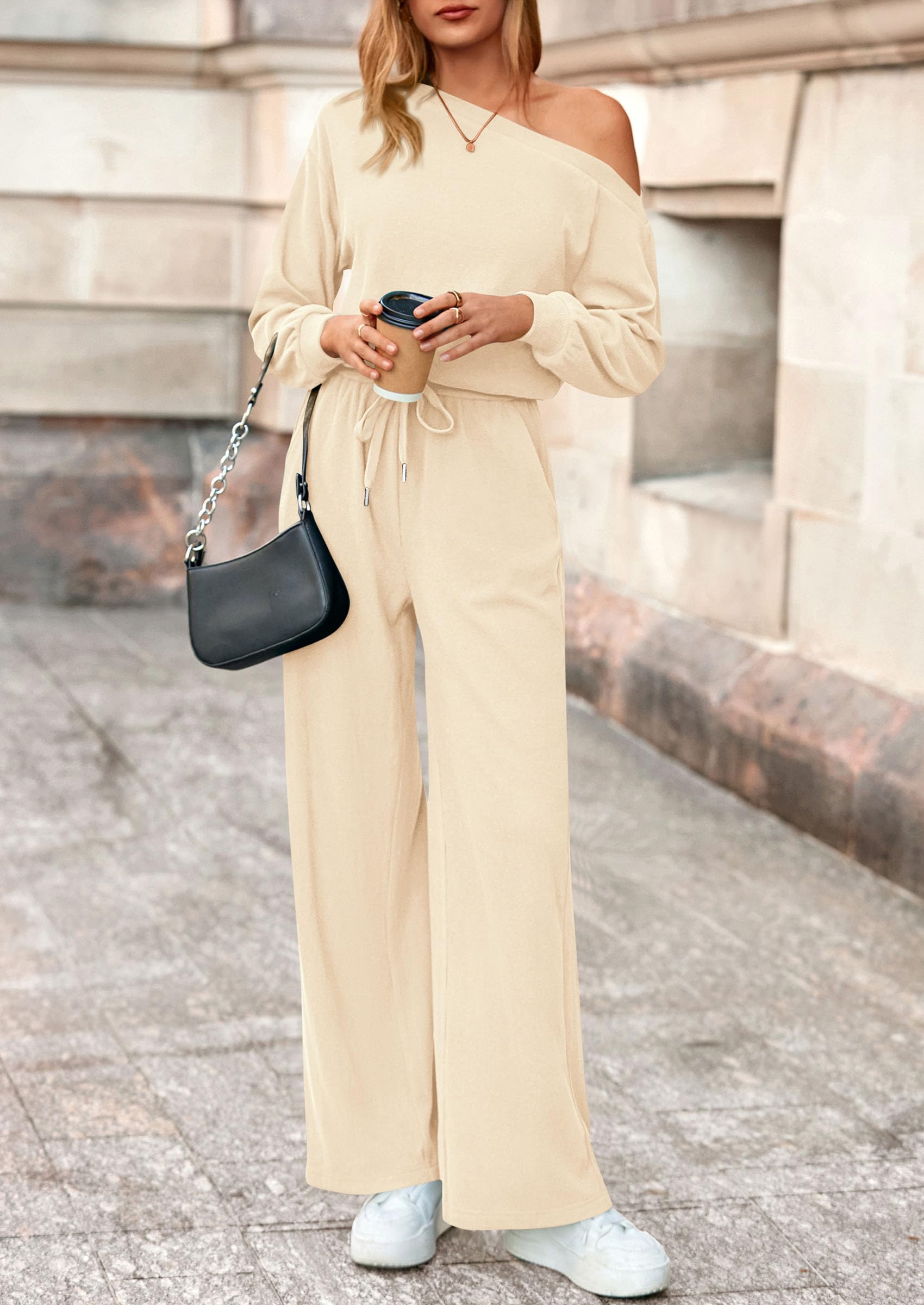 PRETTYGARDEN Long Sleeve Jumpsuit For Women Dressy Off Shoulder One Piece Loose Wide Leg Jumpsuits Casual Flowy Romper