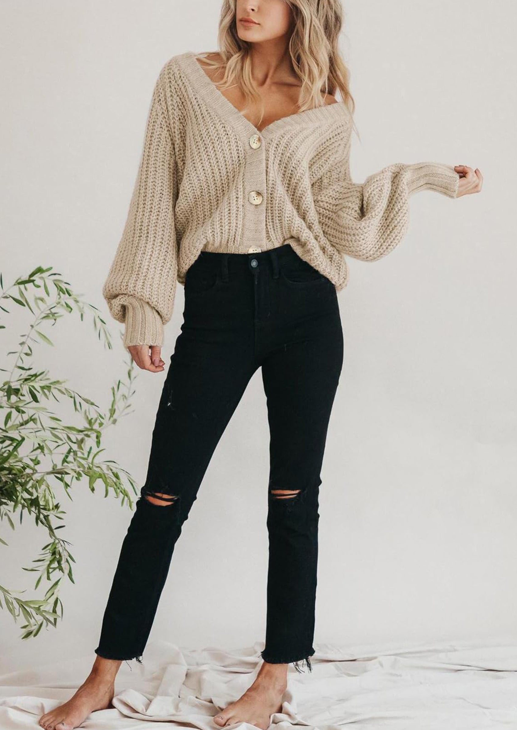 PRETTYGARDEN Women's Chunky Knit Open Front Sweater Long Sleeve Button Loose Short Cardigan Outerwear Coats