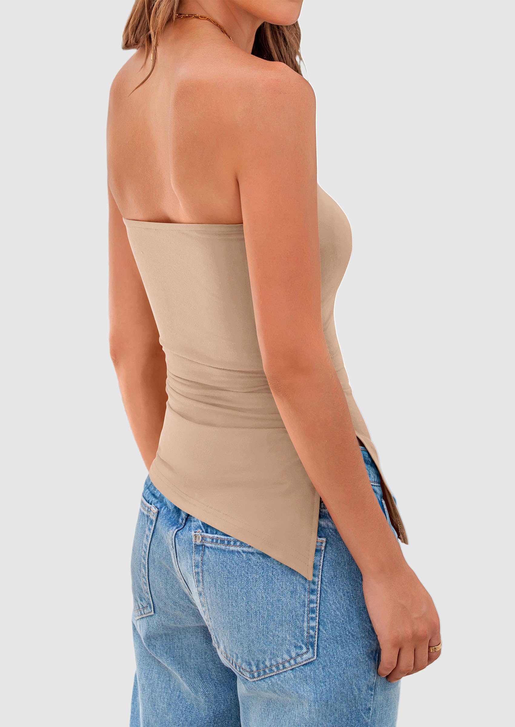 PRETTYGARDEN Womens Summer Tube Tops Trendy Strapless Ruched Going Out Tops Outfits Asymmetrical Bandeau Shirts