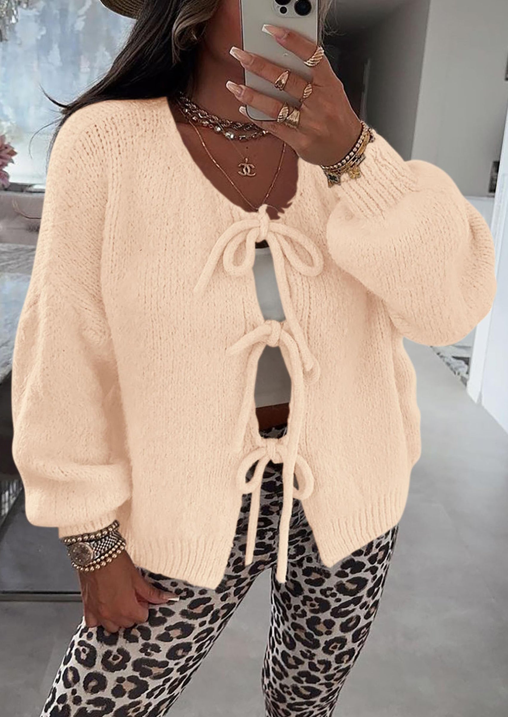 PRETTYGARDEN Women's Tie Front Bow Cardigan Sweaters Chunky Knit Long Puff Sleeve Trendy Fall Winter Jacket Coats