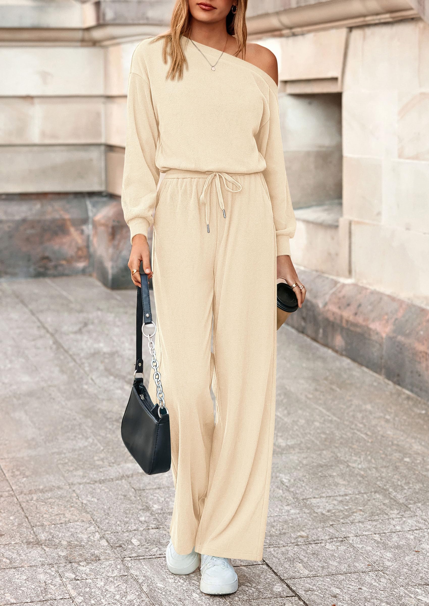 PRETTYGARDEN Long Sleeve Jumpsuit For Women Dressy Off Shoulder One Piece Loose Wide Leg Jumpsuits Casual Flowy Romper