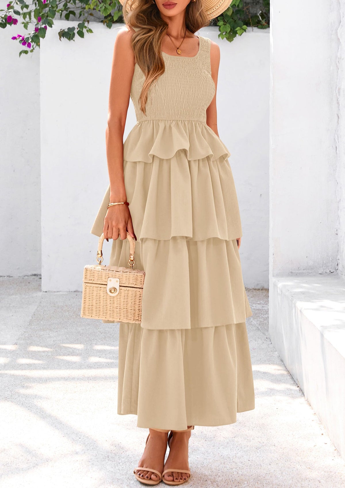 Womens Summer Sleeveless Midi Dress Scoop Neck Tank Top Smocked A Line Tiered Layered Beach Flowy Long Dresses