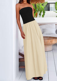 Women's 2025 Summer Strapless Maxi Dresses Patchwork Long Flowy Elegant Going Out Tube Top Dress with Pockets