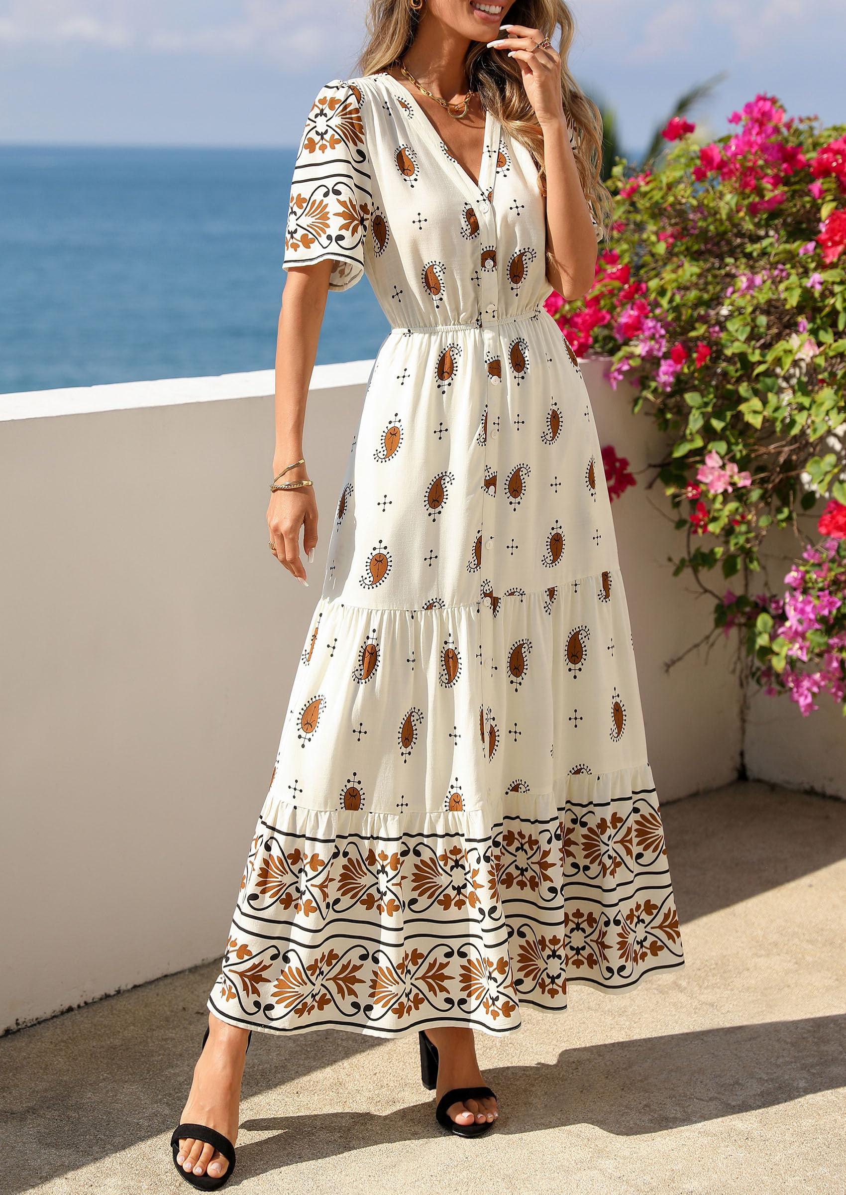 PRETTYGARDEN Womens Summer Boho Maxi Dress Trendy Short Sleeve V Neck Flowy Beach Floral Dresses with Pockets PRETTYGARDEN