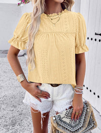 Summer Tops Casual Crewneck Ruffle Short Sleeve Eyelet Babydoll Blouse Shirts