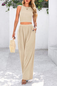 Womens Summer 2 Piece Sets Ribbed Knit Crew Neck Sleeveless Crop Tank Tops Wide Leg Pants Casual Lounge Set