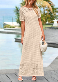 PRETTYGARDEN Womens Eyelet Cover Up Dress Summer Vacation Resort Maxi Dresses Beach Short Sleeve Hollow Out Sundress