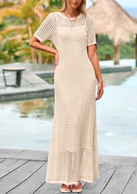 PRETTYGARDEN Womens Eyelet Cover Up Dress Summer Vacation Resort Maxi Dresses Beach Short Sleeve Hollow Out Sundress