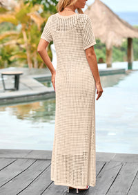 PRETTYGARDEN Womens Eyelet Cover Up Dress Summer Vacation Resort Maxi Dresses Beach Short Sleeve Hollow Out Sundress