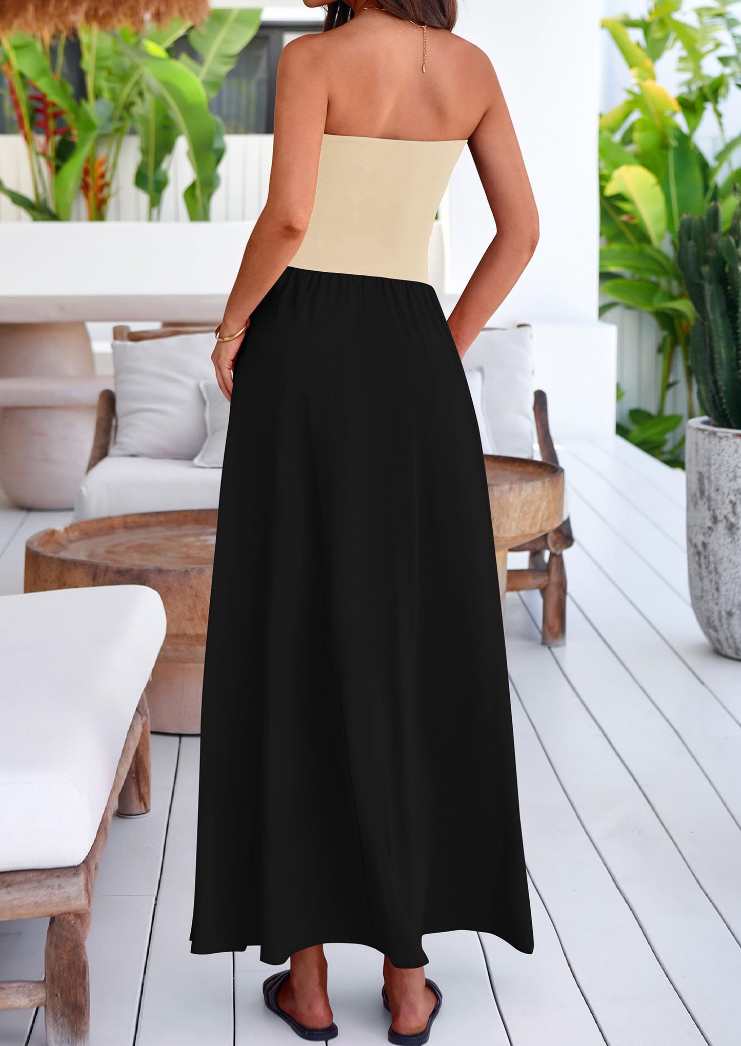 Women's 2025 Summer Strapless Maxi Dresses Patchwork Long Flowy Elegant Going Out Tube Top Dress with Pockets