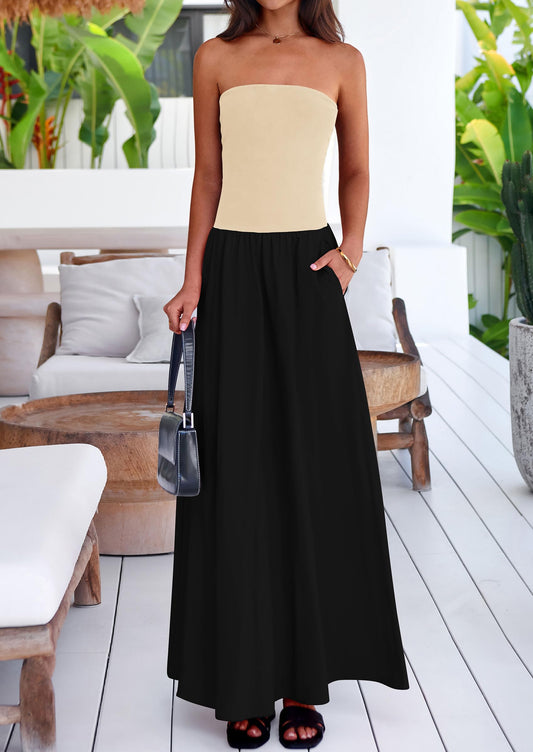 Women's 2025 Summer Strapless Maxi Dresses Patchwork Long Flowy Elegant Going Out Tube Top Dress with Pockets