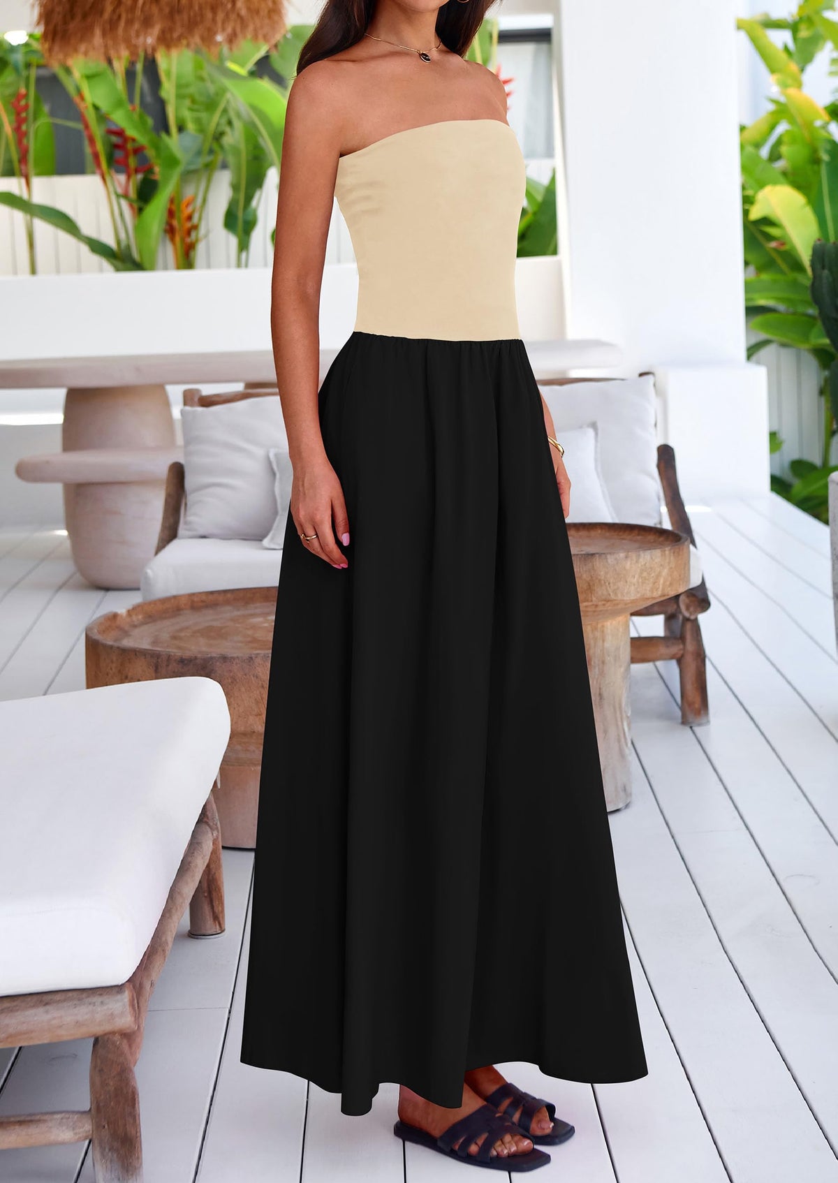 Women's 2025 Summer Strapless Maxi Dresses Patchwork Long Flowy Elegant Going Out Tube Top Dress with Pockets