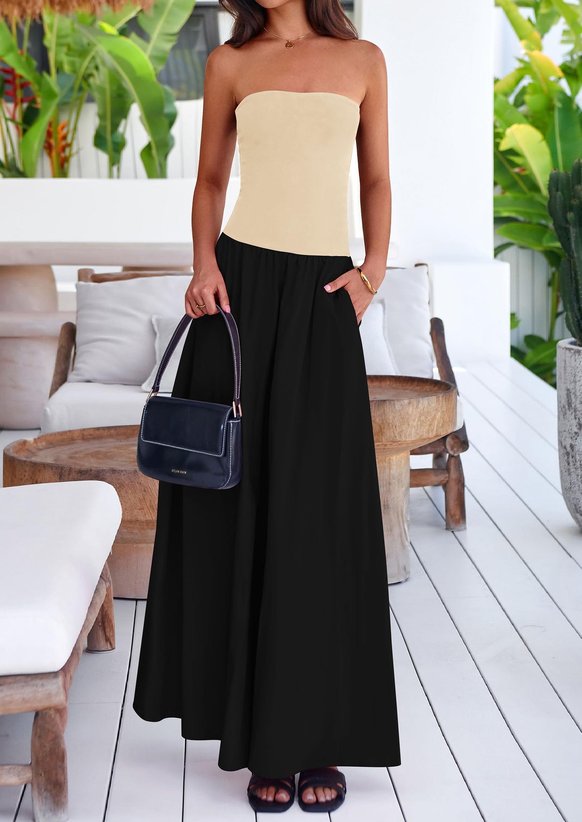 Women's 2025 Summer Strapless Maxi Dresses Patchwork Long Flowy Elegant Going Out Tube Top Dress with Pockets