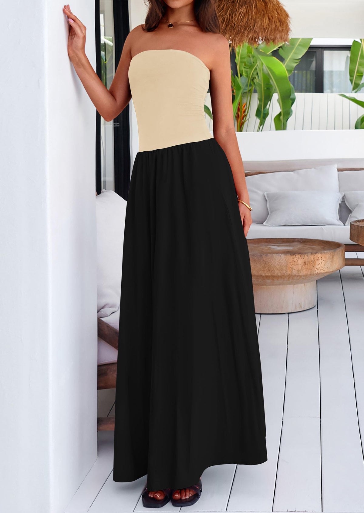 Women's 2025 Summer Strapless Maxi Dresses Patchwork Long Flowy Elegant Going Out Tube Top Dress with Pockets