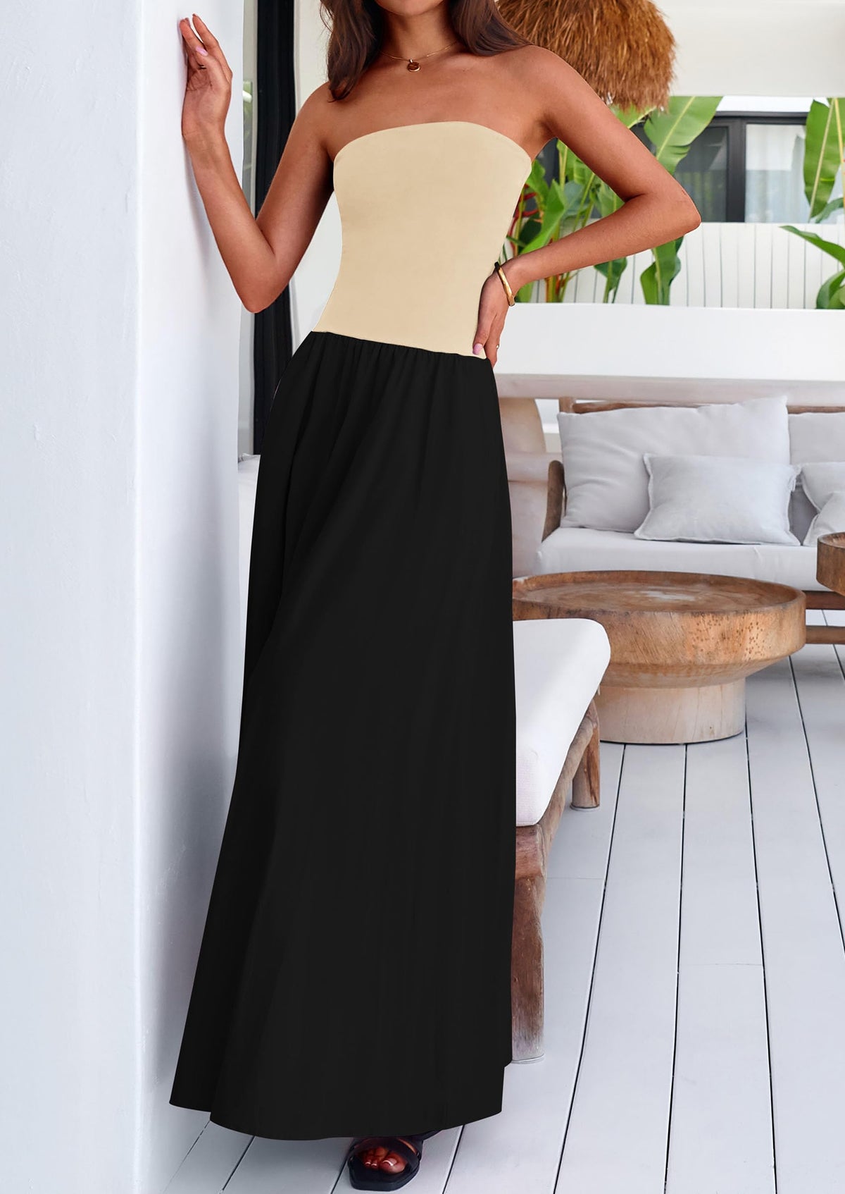 Women's 2025 Summer Strapless Maxi Dresses Patchwork Long Flowy Elegant Going Out Tube Top Dress with Pockets