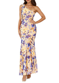 PRETTYGARDEN Womens Summer One Shoulder Maxi Dress Floral Sleeveless Bodycon Mesh Long Formal Wedding Guest Dresses PRETTYGARDEN