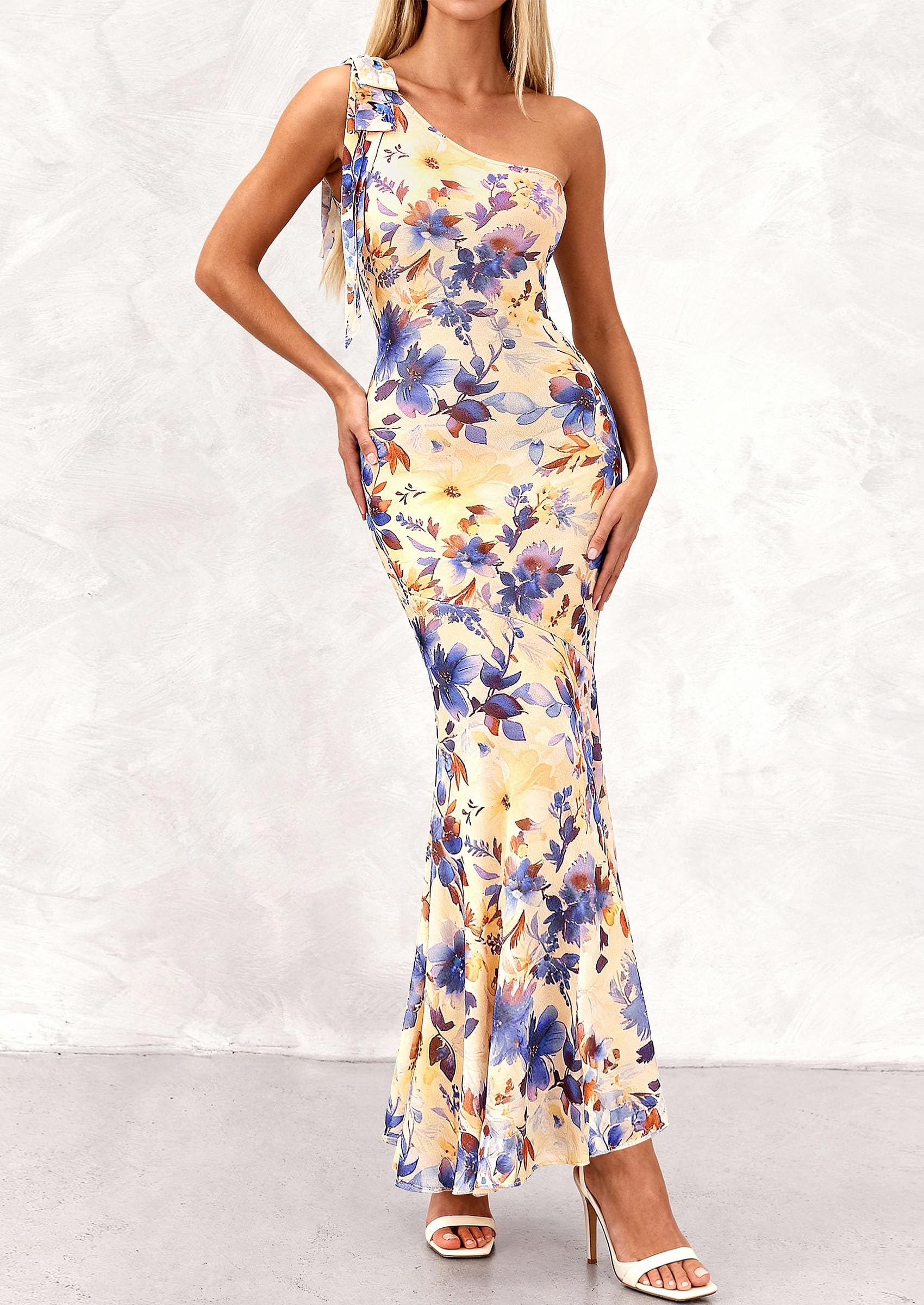 PRETTYGARDEN Womens Summer One Shoulder Maxi Dress Floral Sleeveless Bodycon Mesh Long Formal Wedding Guest Dresses PRETTYGARDEN