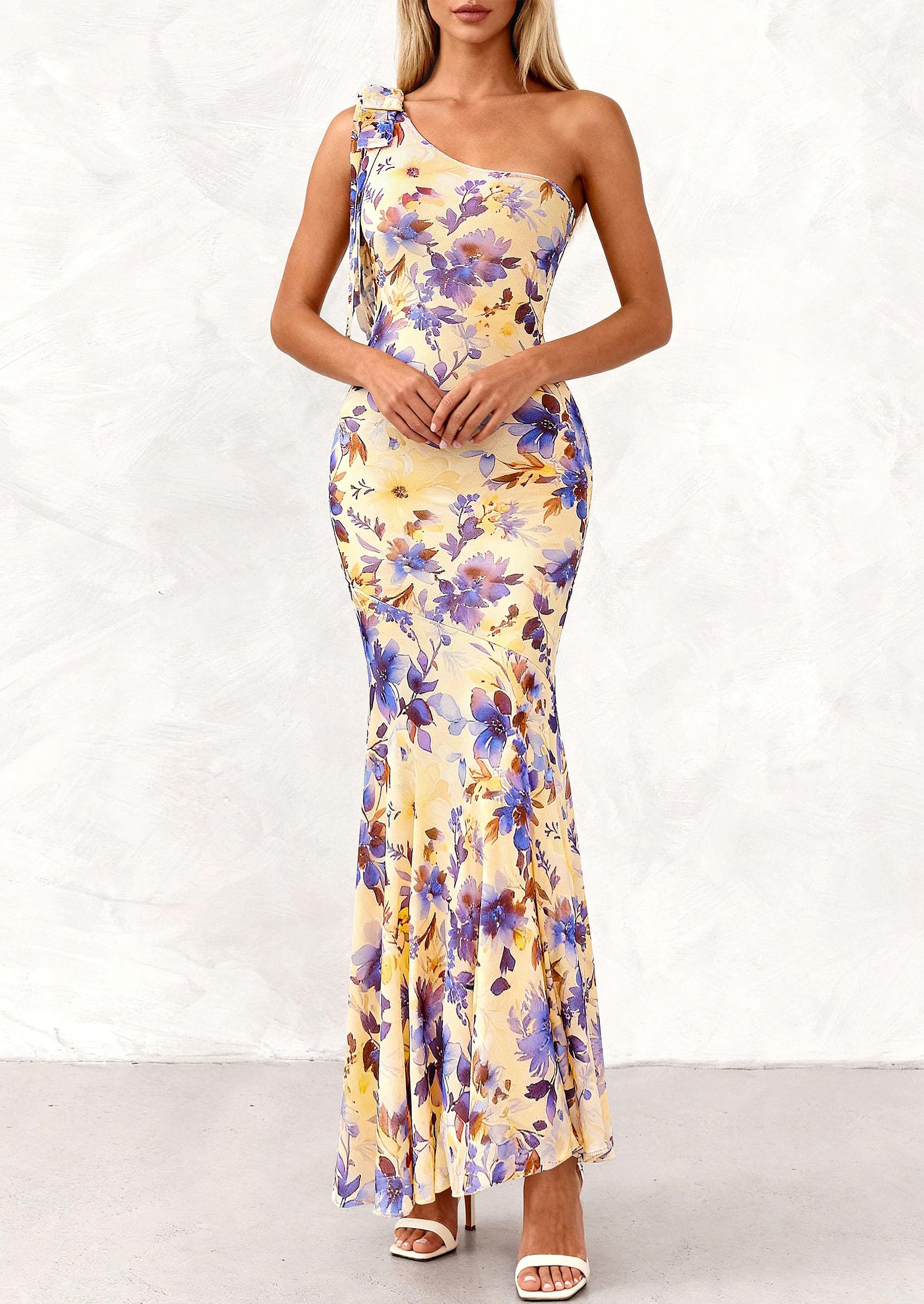 PRETTYGARDEN Womens Summer One Shoulder Maxi Dress Floral Sleeveless Bodycon Mesh Long Formal Wedding Guest Dresses PRETTYGARDEN