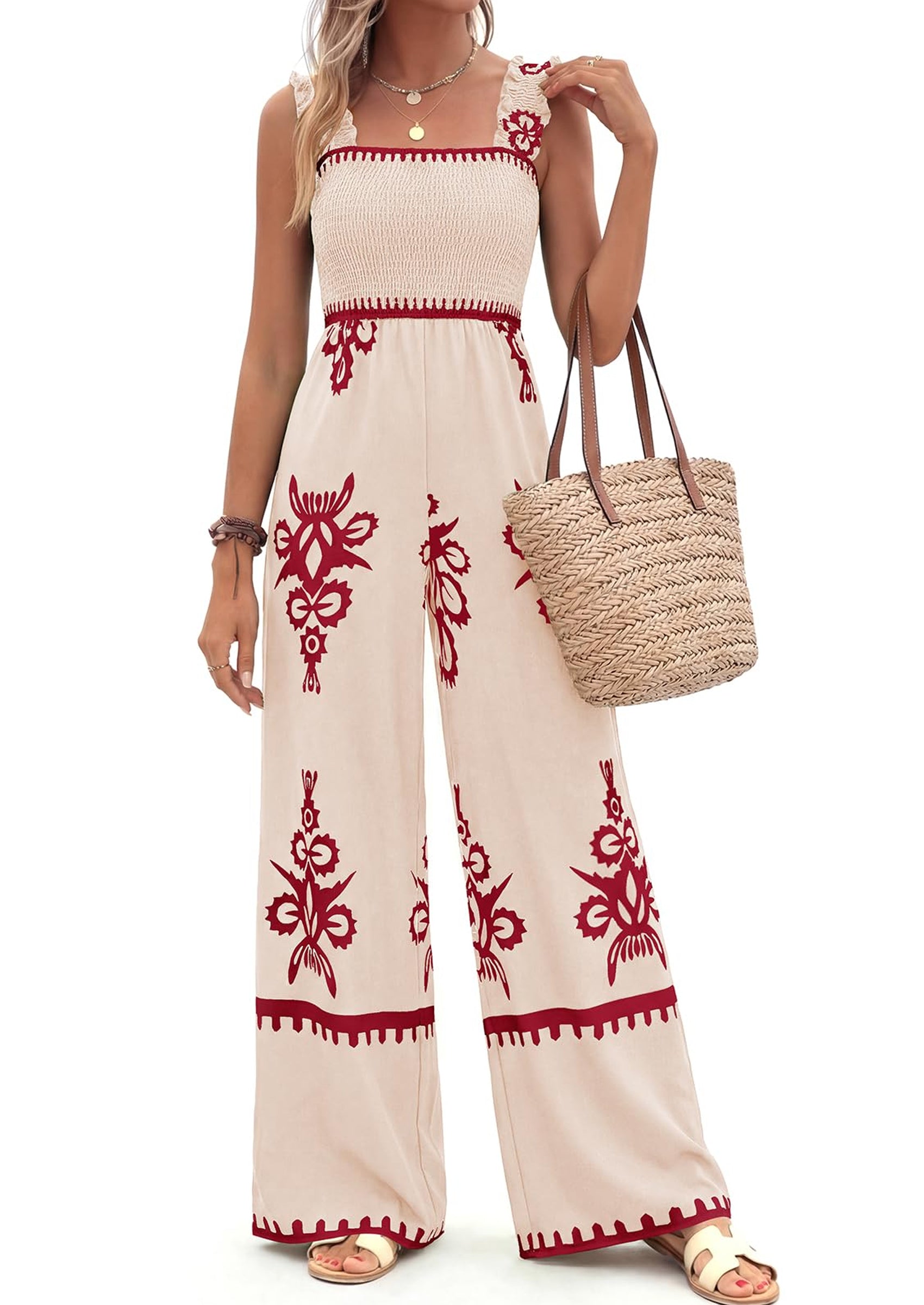 PRETTYGARDEN Womens Jumpsuit Casual One Piece Boho Summer Outfits Shirred Strap Wide Leg Long Pants Rompers With Pockets