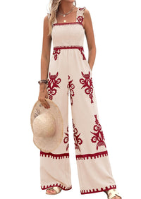 PRETTYGARDEN Womens Jumpsuit Casual One Piece Boho Summer Outfits Shirred Strap Wide Leg Long Pants Rompers With Pockets