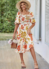 PRETTYGARDEN Women's Summer Casual Dresses Spring Puff Sleeve Square Neck A Line Flowy Boho Floral Smocked Midi Dress PRETTYGARDEN