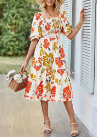 PRETTYGARDEN Women's Summer Casual Dresses Spring Puff Sleeve Square Neck A Line Flowy Boho Floral Smocked Midi Dress PRETTYGARDEN