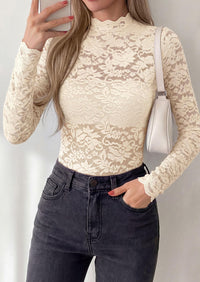 PRETTYGARDEN Womens Lace Long Sleeve Top Mesh Sheer Blouses Mock Neck See Through Slim Fitted Tops Fall Fashion Clothes