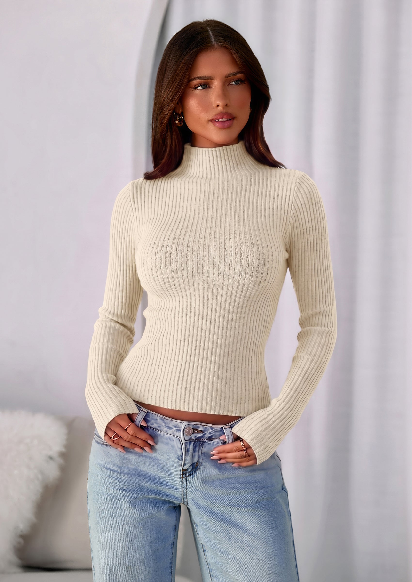 PRETTYGARDEN Long Sleeve T Shirts for Women Fall Fashion Mock Neck Fitted Ribbed Tee Tops Casual Basic Winter Clothing