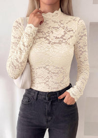PRETTYGARDEN Womens Lace Long Sleeve Top Mesh Sheer Blouses Mock Neck See Through Slim Fitted Tops Fall Fashion Clothes