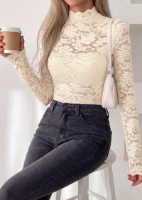 PRETTYGARDEN Womens Lace Long Sleeve Top Mesh Sheer Blouses Mock Neck See Through Slim Fitted Tops Fall Fashion Clothes
