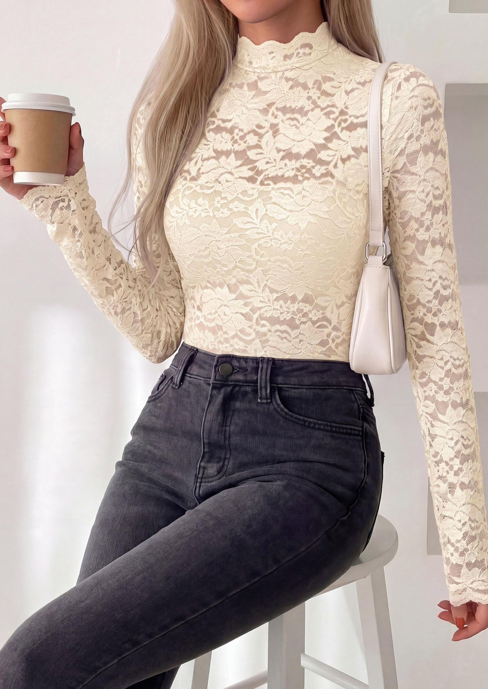 PRETTYGARDEN Womens Lace Long Sleeve Top Mesh Sheer Blouses Mock Neck See Through Slim Fitted Tops Fall Fashion Clothes